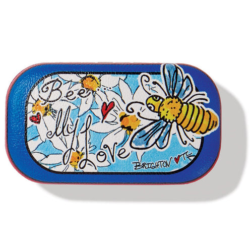 Brighton case with blue trim and illustrated bee and daisy print reading Bee My Love on a white background