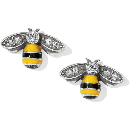 Brighton bee stud earrings with silver-plated wings, crystal accents, and yellow and black enamel bodies on a white background