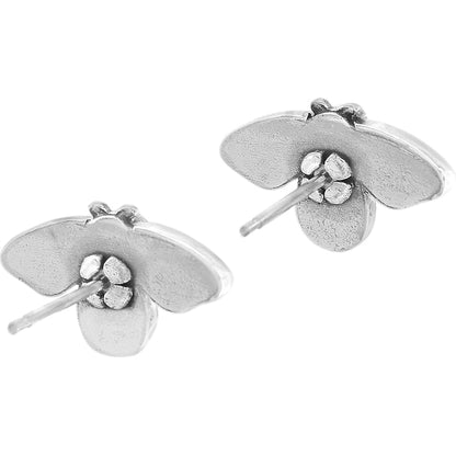 Brighton stud earrings shown from the back with silver-plated floral petal design and posts on a white background