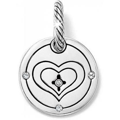 Brighton silver-plated charm with concentric heart design, crystal accents, and rope-textured bail on a white background