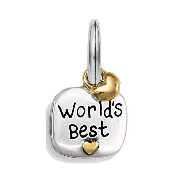 Brighton charm with engraved World's Best text, gold-tone heart accents, and silver split ring on a white background