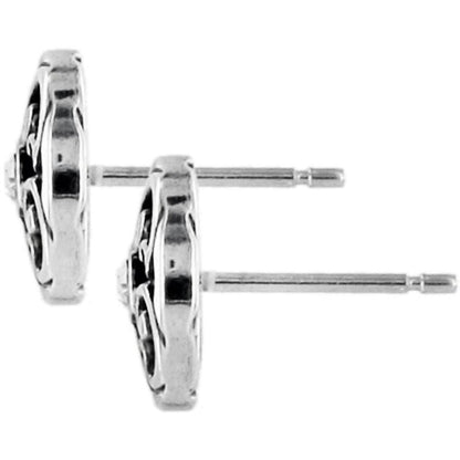 Brighton stud earrings with silver-plated openwork design and posts shown from the side on a white background