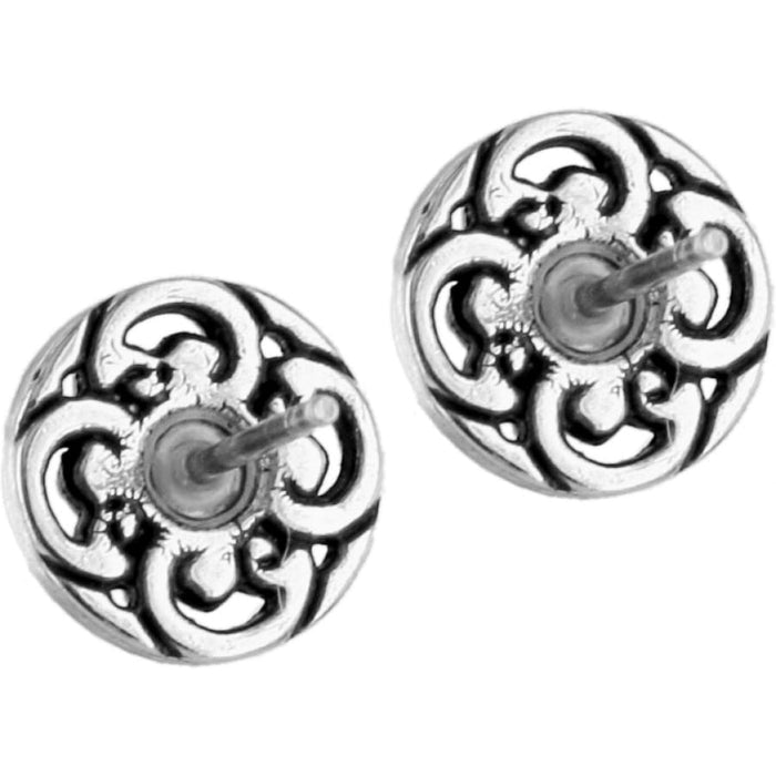 Brighton stud earrings with silver-plated openwork scroll design in a round shape on a white background