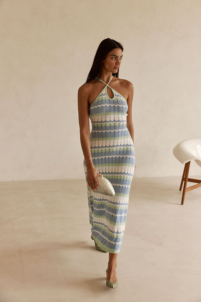 White Blue and Green Stripe Knit Halter Maxi Bexley Dress