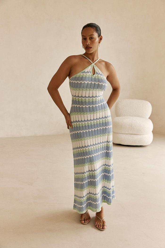 White Blue and Green Stripe Knit Halter Maxi Bexley Dress