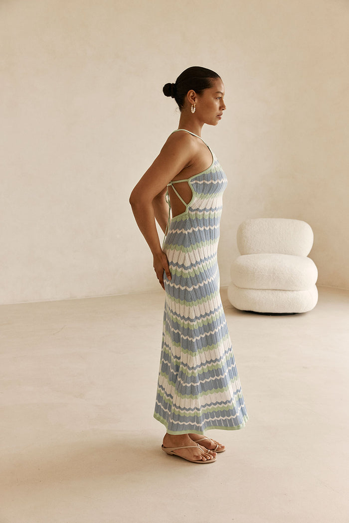 White Blue and Green Stripe Knit Halter Maxi Bexley Dress