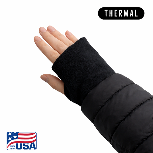 Thermal Snow Sleeves® are a soft, warm wrist gaiter designed to be worn as fingerless gloves.  

Ideal for chilly fall and spring days, driving, computer work, skiing, hiking and more.
Insulating micro fleece fabric.
Specially placed thumb hole designed for extra hand coverage.
Recommended for ages 12 and older.