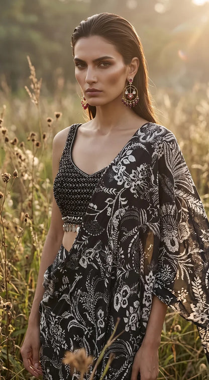 Black Crepe Draped Saree Set