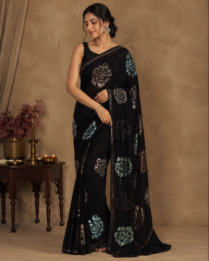 Black Floral Sequin Saree