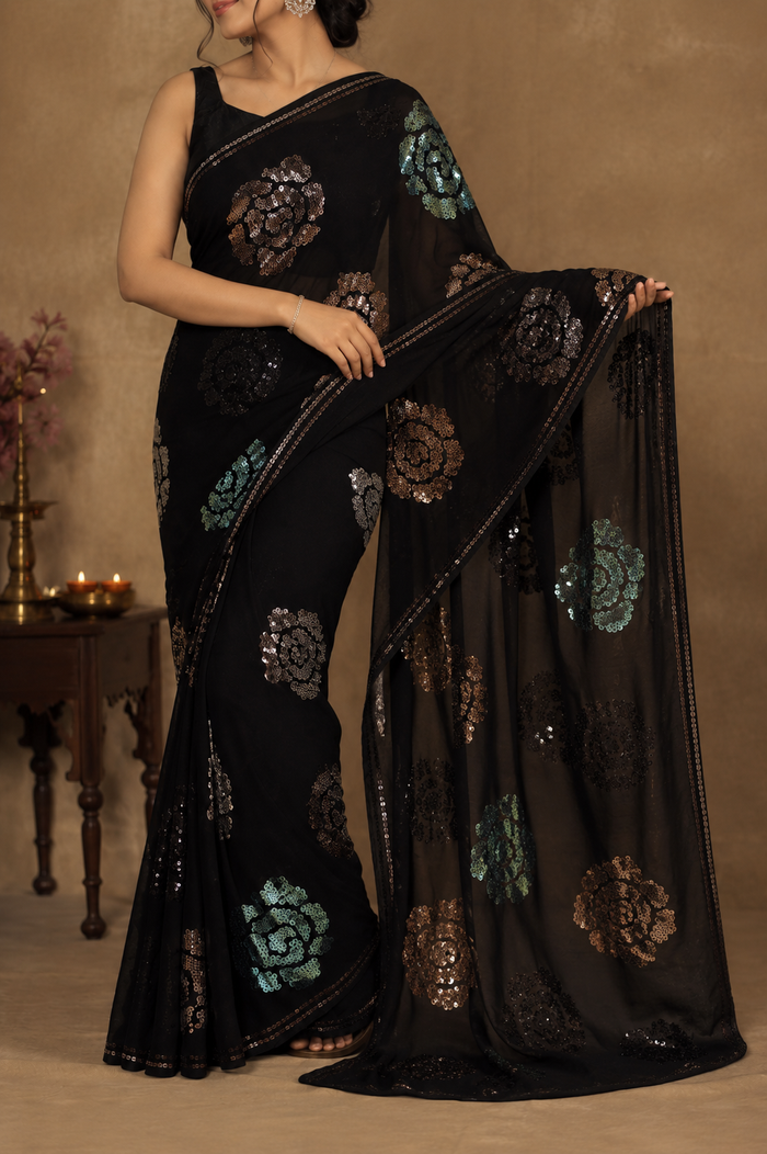 Black Floral Sequin Saree