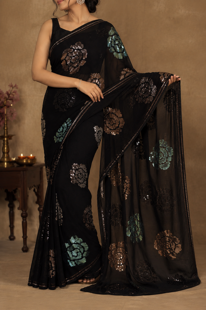 Black Floral Sequin Saree