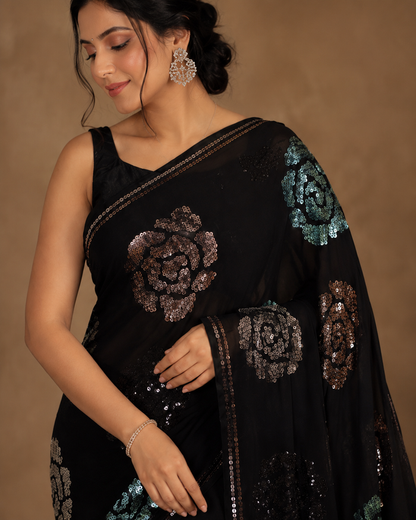 Black Floral Sequin Saree