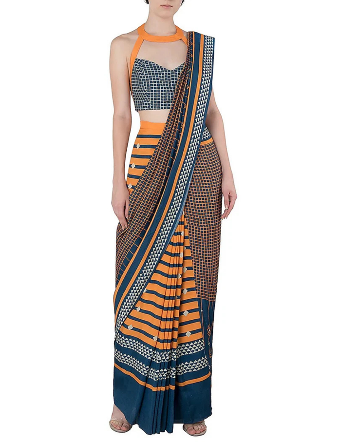 Blue & Yellow Geometric Saree