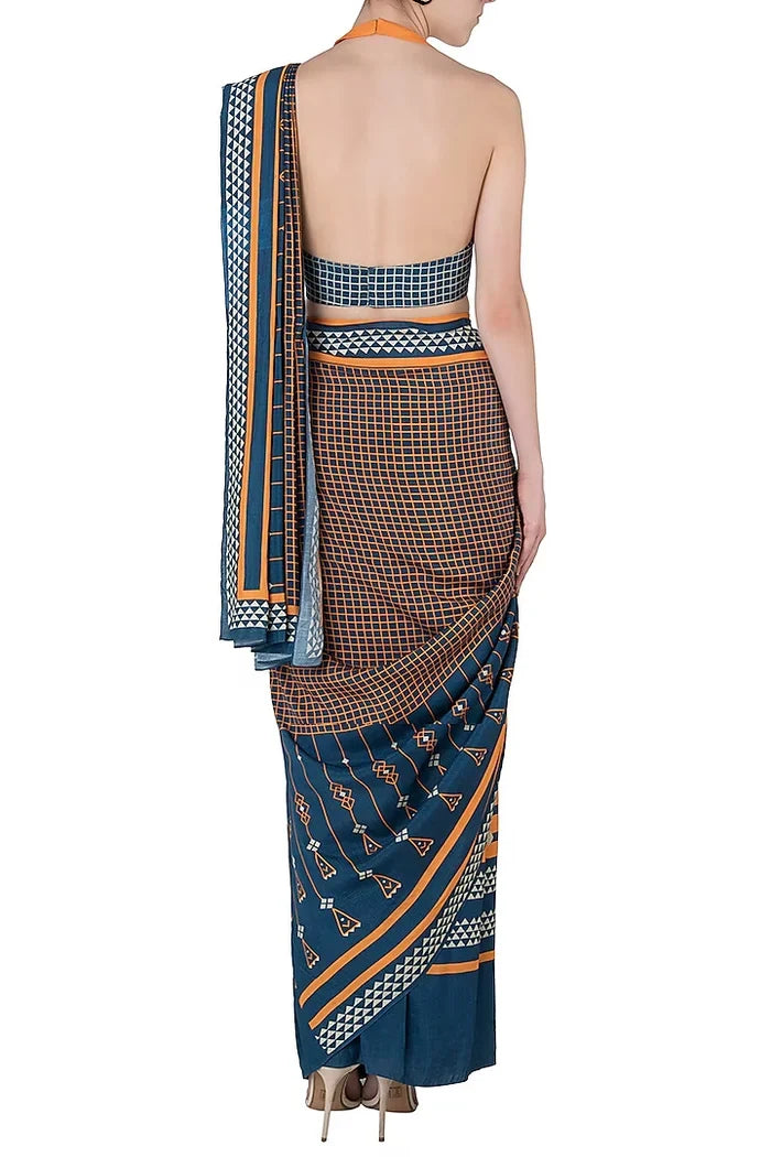 Blue & Yellow Geometric Saree
