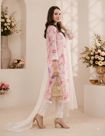 A woman models a three-piece traditional outfit featuring a light pink floral embroidered kurta, white trousers, and a matching sheer white dupatta, styled with a woven straw bucket bag and beige heels in a warm, sunlit interior setting.