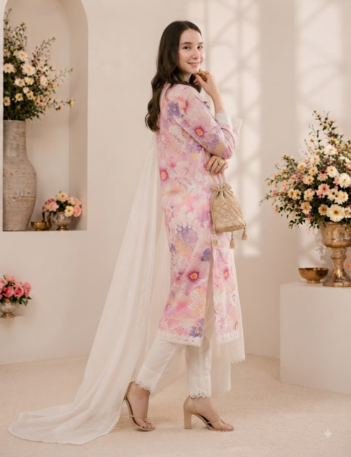 A woman models a three-piece traditional outfit featuring a pink floral printed kurta, white pants, and a long white dupatta, styled with a woven clutch bag in a warm, sunlit interior setting.