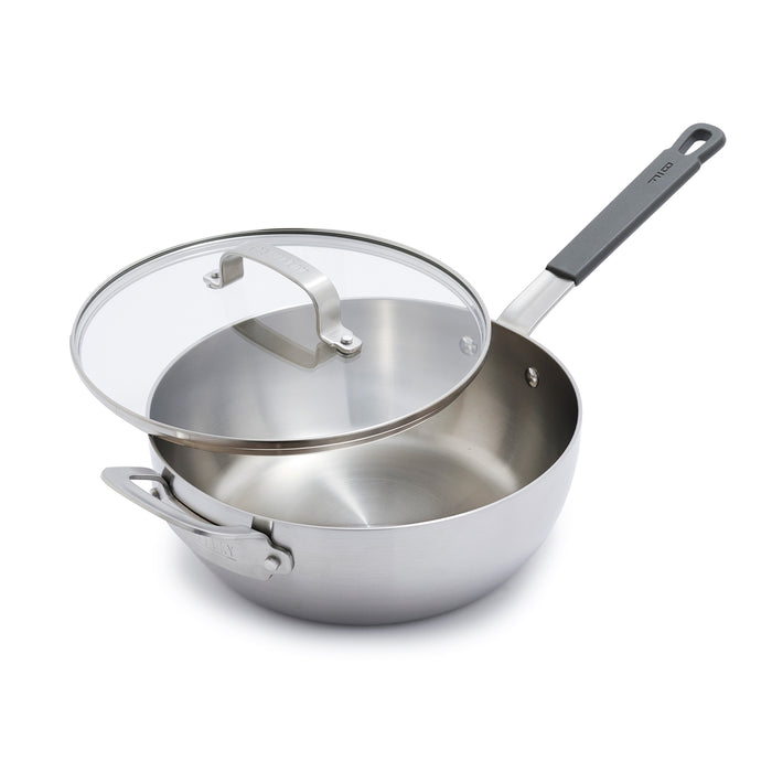 Stainless steel chefs pan with a long handle and glass lid, 3.57-quart capacity.