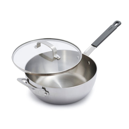 Stainless steel chefs pan with a long handle and glass lid, 3.57-quart capacity.
