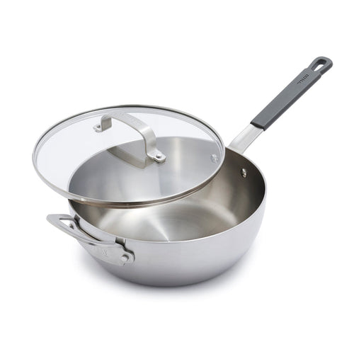 Stainless steel chefs pan with a long handle and glass lid, 3.57-quart capacity.