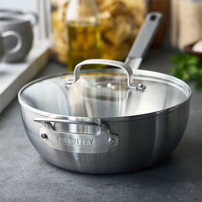 Stainless steel chef’s pan with lid on a kitchen counter, labeled RODDBYFLAY. 3.57-quart capacity.