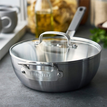 Stainless steel chef’s pan with lid on a kitchen counter, labeled RODDBYFLAY. 3.57-quart capacity.