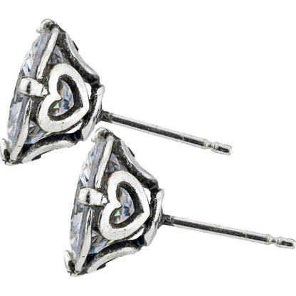 Brighton stud earrings with faceted crystal centers, silver-plated heart accents, and posts on a white background