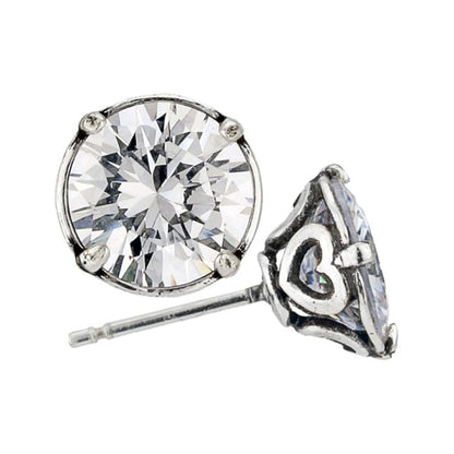 Brighton stud earrings with round faceted crystals and silver-plated scrollwork prong settings on a white background