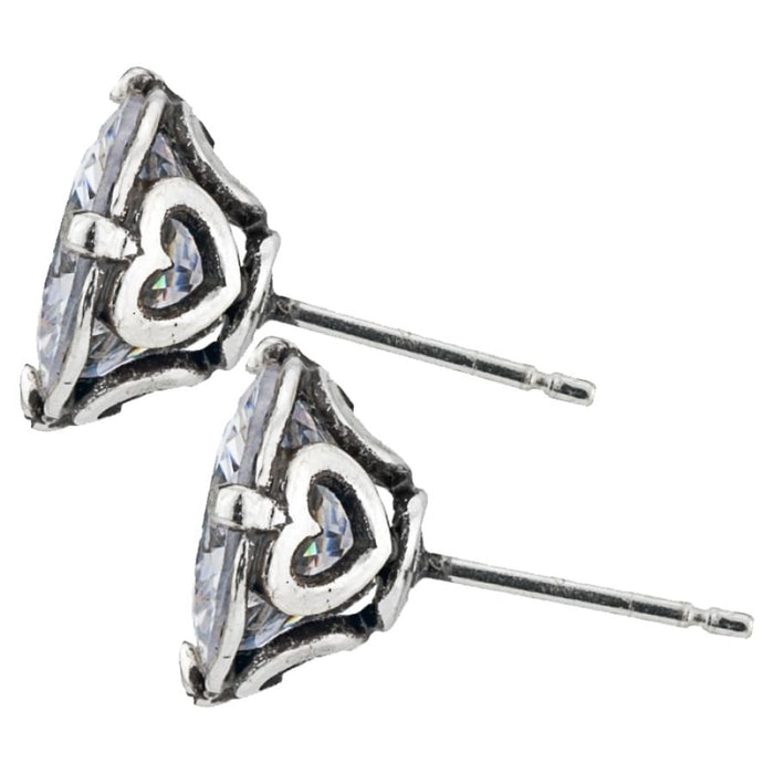 Brighton stud earrings with large crystal centers, silver-plated heart accents, and post backs on a white background