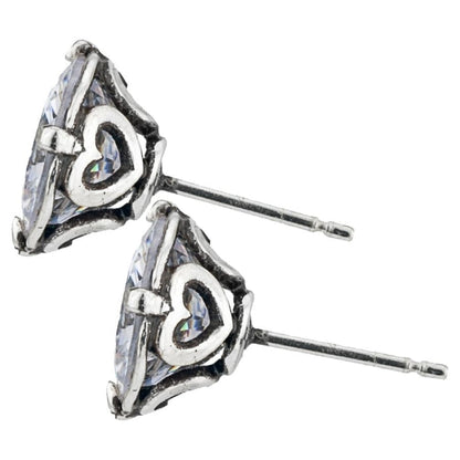 Brighton stud earrings with large crystal centers, silver-plated heart accents, and post backs on a white background