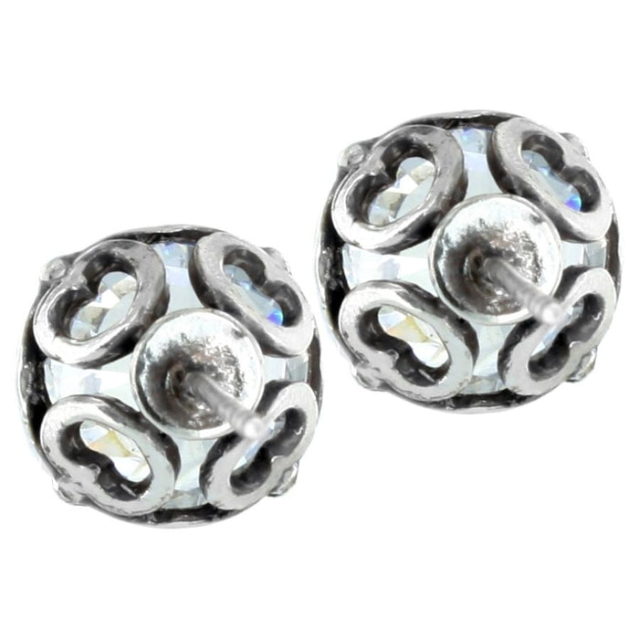 Brighton stud earrings with silver-plated openwork spheres and crystal accents on a white background