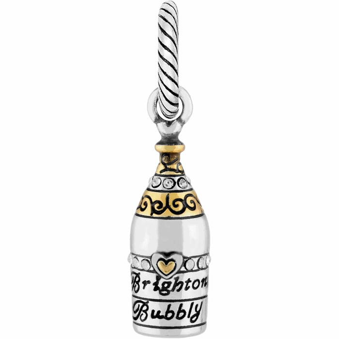 Brighton champagne bottle charm with two-tone finish, crystal accents, and engraved Bubbly label on a white background