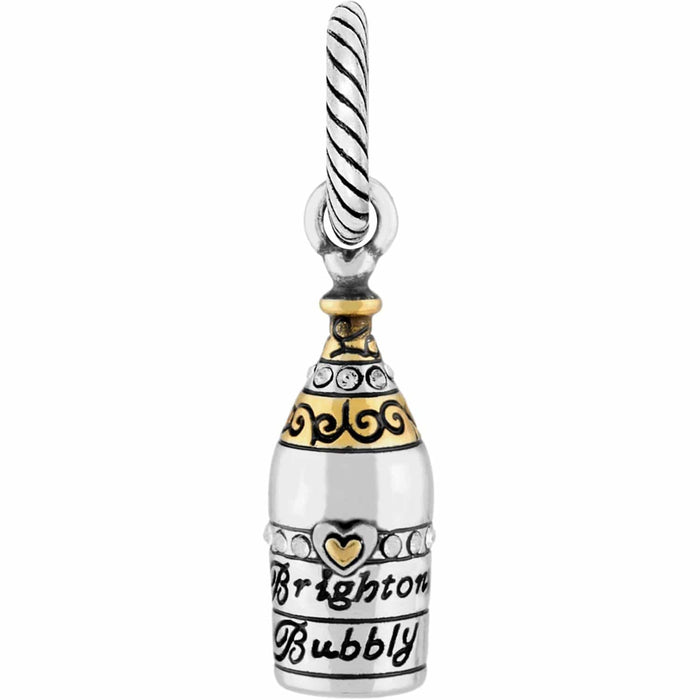 Brighton champagne bottle charm with two-tone finish, crystal accents, and Brighton Bubbly engraving on a white background