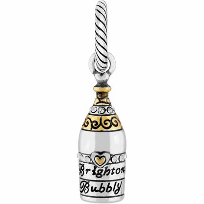 Brighton champagne bottle charm with two-tone finish, crystal accents, and Brighton Bubbly engraving on a white background