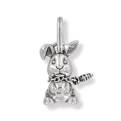 Brighton bunny charm with silver-plated finish, floppy ear, and dangling carrot accent on a white background