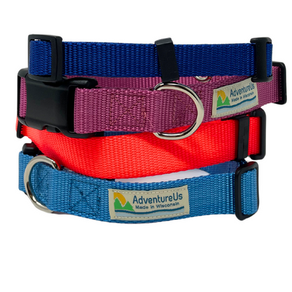 Small collar adjustable 11-17" made with 3/4" webbing Large collar adjustable 17-25" made with 1" webbing Can be used with Dogs or Cats Heavy Duty Webbing &amp; Hardware  USA MADE in Washburn, WI