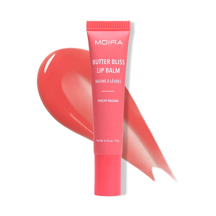 Moira Butter Bliss Lip Balm tube with a swatch of peachy pink color on a white background