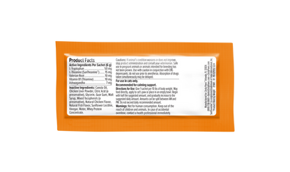 Orange packet with white product facts label listing active ingredients and usage instructions for cat supplement.