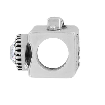Brighton camera charm shown from the side with silver-plated finish and crystal lens accent on a white background