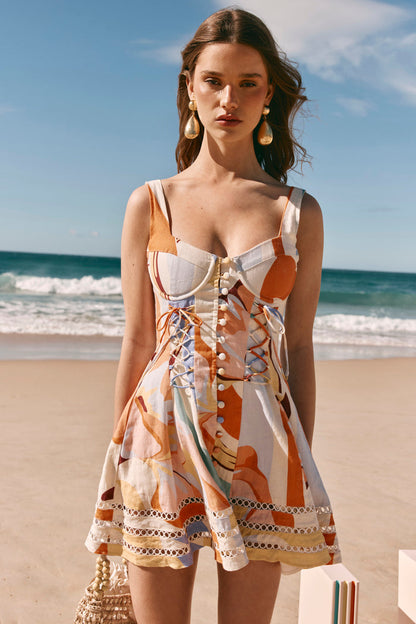Orange Estivo Dusk Print Lace Up Mini Camille Dress