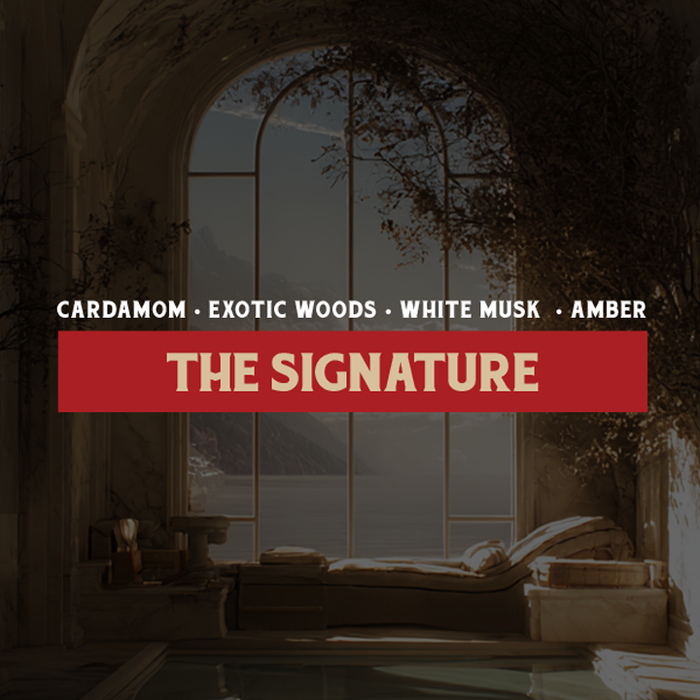 A window with a scenic view and text about scents and 'The Signature' on a dark background.