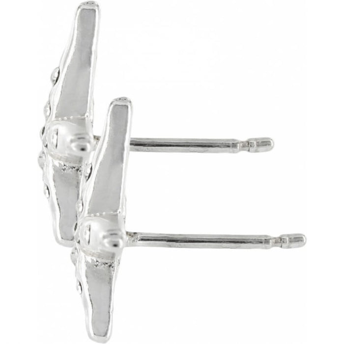 Brighton stud earrings shown from the side with silver-plated posts and textured decorative fronts on a white background