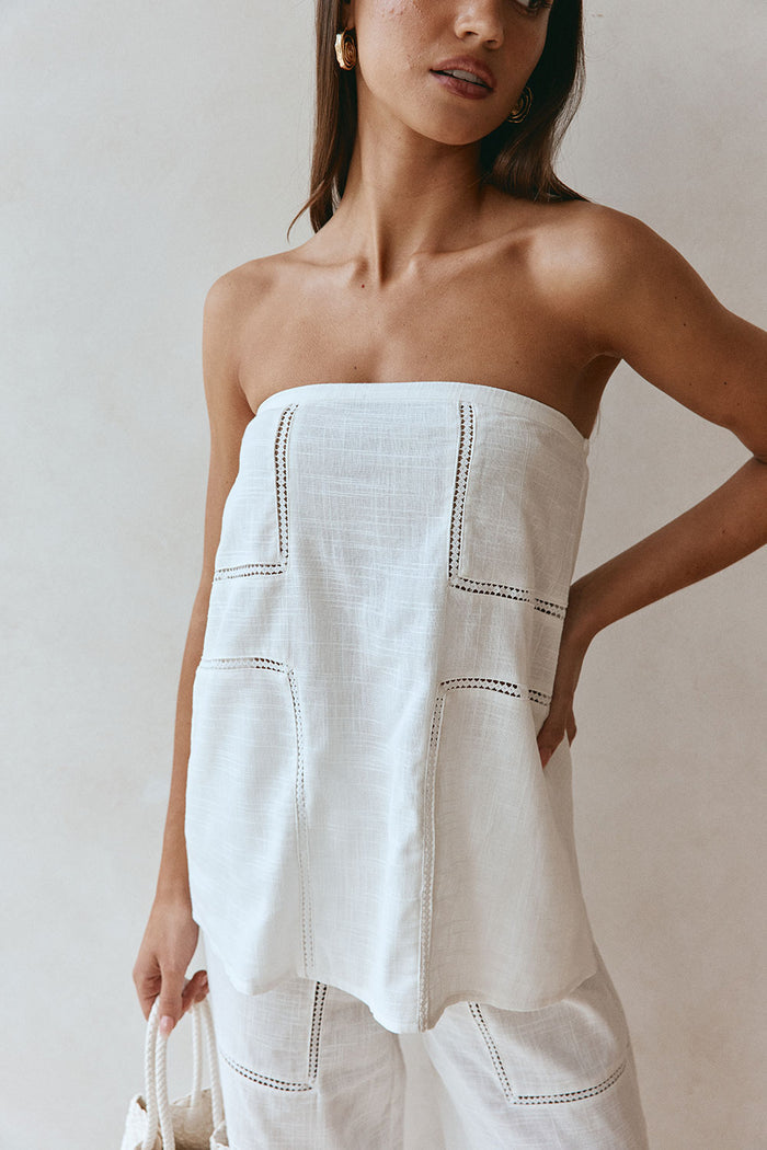 White Cheesecloth Strapless Flouncy Carissa Top