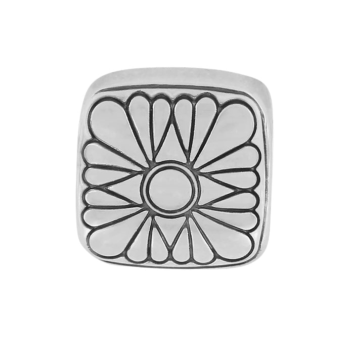 Brighton square charm with silver-plated floral petal medallion design and etched black enamel accents on a white background