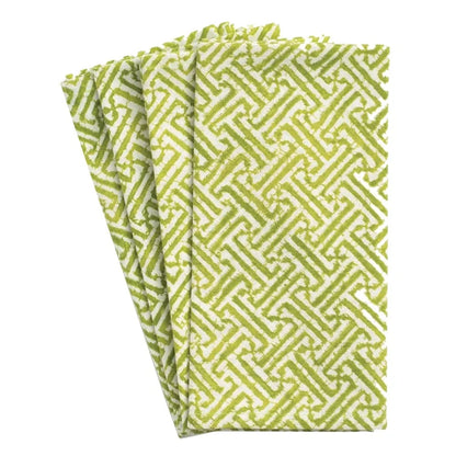 Caspari Cotton Dinner Napkins - Green & White Fretwork.
