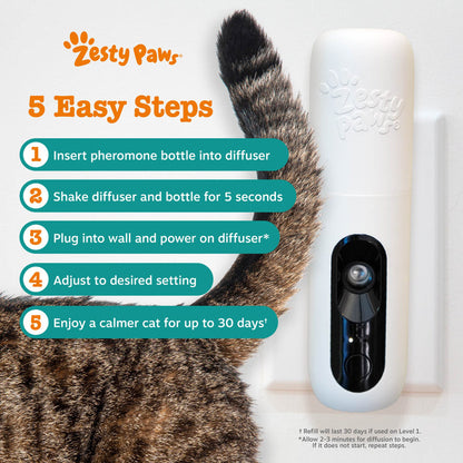 White plug-in diffuser with black control panel next to tabby cat's face, showing product instructions.