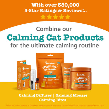 White diffuser device with orange bottle and multiple orange pouches and containers of cat calming products on orange and yel