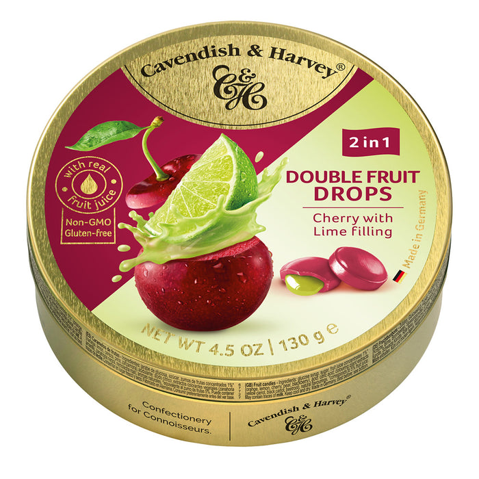 Cavendish and Harvey Cherry with Lime Filling Double Fruit Hard Candy Drops Tin - 11 Count