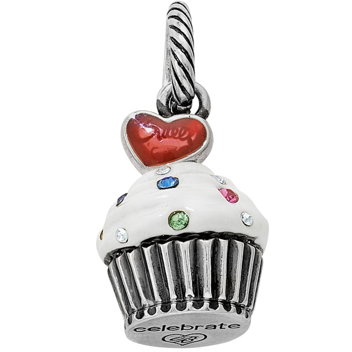Brighton cupcake charm with white frosting, multicolored crystal sprinkles, red enamel heart, and silver-plated finish on a white background
