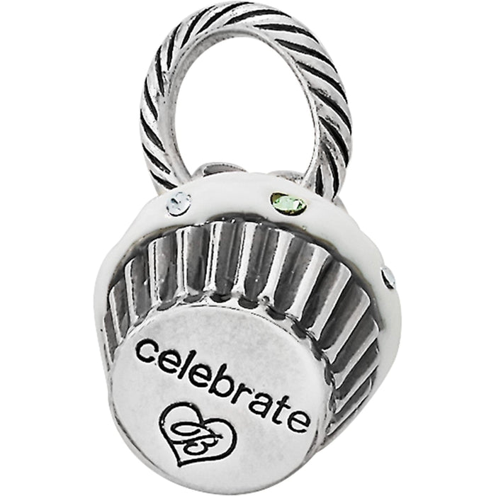 Brighton cupcake charm with silver-plated finish, white enamel frosting, and crystal accents engraved celebrate on a white background