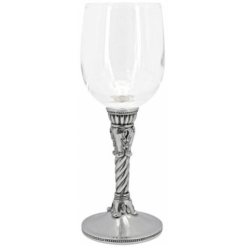 Brighton wine glass with ornate chrome twisted stem, beaded accents, and clear glass bowl on a white background